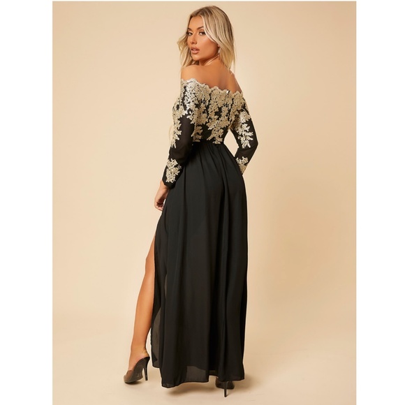 Off Shoulder Embroidered High Slit Maxi Dress Black Gold Long Sleeve - Picture 9 of 16